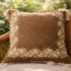 Floral Embroidered Brown Throw Pillow